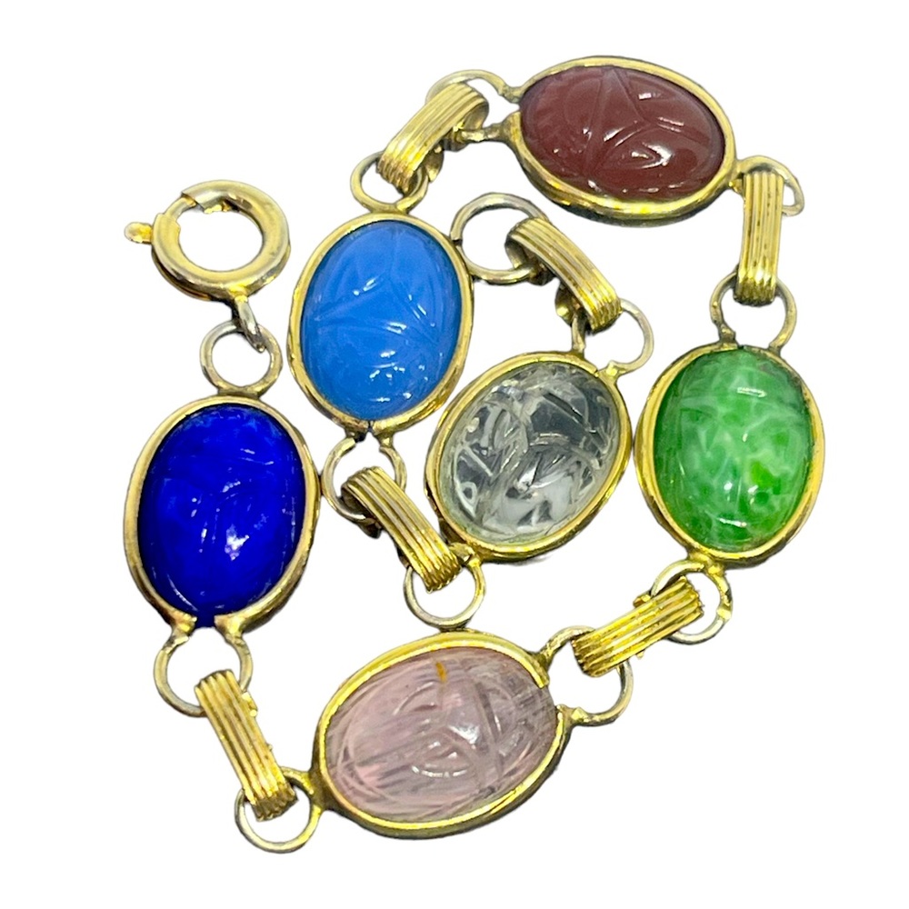 Vintage gold tone Scarab beetle bracelet multicolored stones/ glass